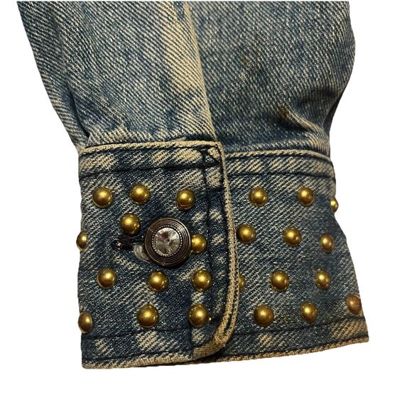 Vintage 80s Cropped Denim Jacket Studded Rhinestone Buttons USA Made Opal Size S - Picture 4 of 16